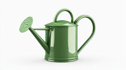 A shiny green watering can with a spout and two handles designed for indoor or outdoor gardening