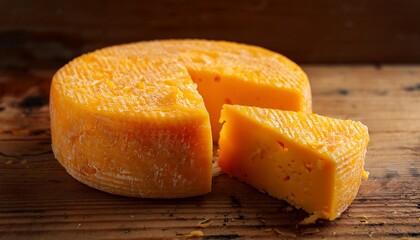 A round wheel of yellow cheese sits on a wooden surface with a wedge cut out, revealing the cheese's texture