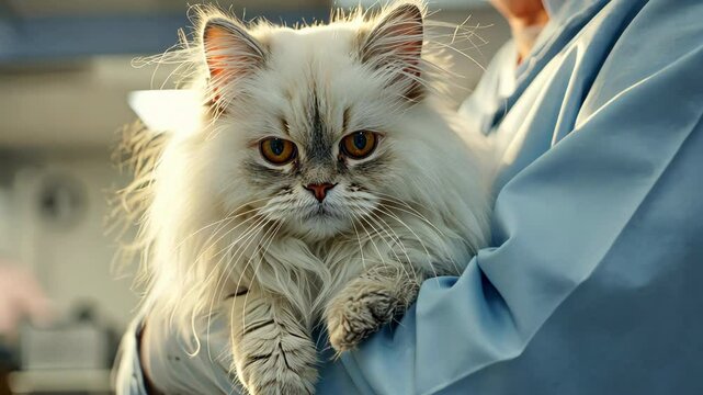 Veterinarian holding a fluffy white persian cat in a clinic