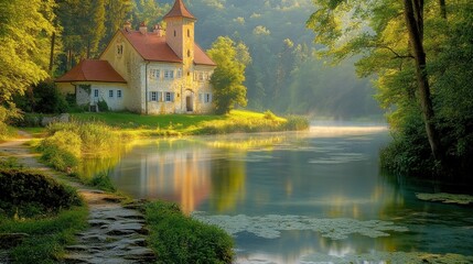 Obraz premium A quaint, white house with a red roof sits on the edge of a serene lake, surrounded by lush greenery. The morning mist creates a dreamlike atmosphere.