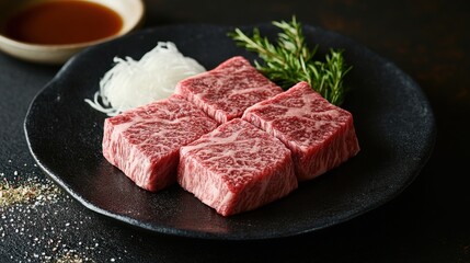 Fototapeta premium Delicious marbled beef cuts arranged on a black plate with garnish and dipping sauce, showcasing the rich texture and color of high-quality meat in a gourmet presentation