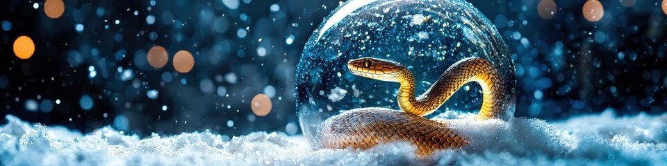 Obraz premium snake in a glass Christmas ball on a stand. selective focus