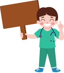 Happy Doctor Holding Blank Wooden Sign  Medical Announcement  Healthcare Professional  Med