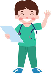 Fototapeta premium Smiling Doctor Cartoon Character Holding Clipboard and Waving Healthcare Illustration
