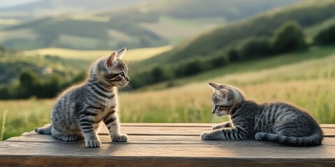 Obraz premium Two cute cats, gray tabby cats, are interactively playing on an old wooden table