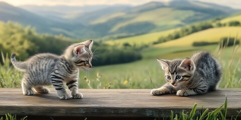 Obraz premium Two playful kittens explore a wooden platform surrounded by lush green hills during a sunny afternoon in a tranquil countryside setting