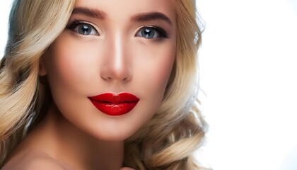 a woman with blonde hair, wearing red lipstick and eye makeup. Her face is smooth and glowing.