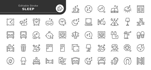 Sleep line icon set. Sleeping person, sleep, night rest, bed, pillow, sleeping pills, earplugs, moon, lullaby, bedtime story and more. Series outline icons. Vector pictogram collection.