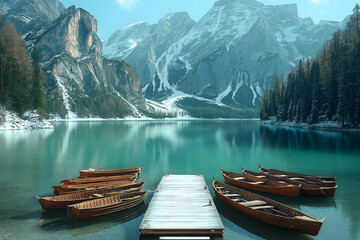 A scenic view of Lake Braies in the Dolomites, Italy, with wooden boats at the dock and a stunning backdrop of snow-covered mountains.