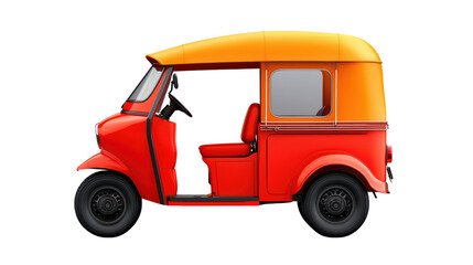 Fototapeta premium vibrant red and orange auto rickshaw with spacious interior, perfect for urban transport. This vehicle showcases unique design and is ideal for city travel