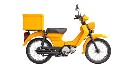 Fototapeta premium bright yellow delivery motorcycle with box on back, ideal for transporting goods. Perfect for urban settings and delivery services