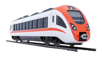 Obraz premium modern orange and white train on tracks, showcasing sleek design and technology. Ideal for transportation and travel themes