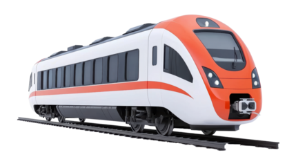 modern orange and white train on tracks, showcasing sleek design and technology. Ideal for transportation and travel themes