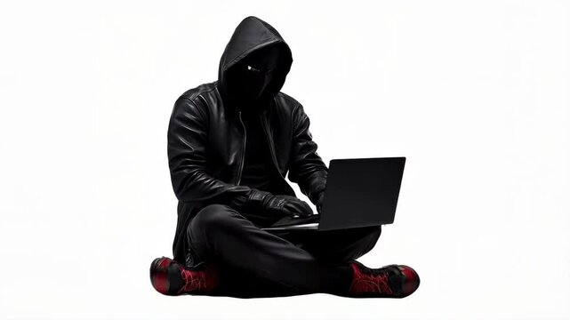 Unrecognizable hacker sitting on the floor using laptop. White background