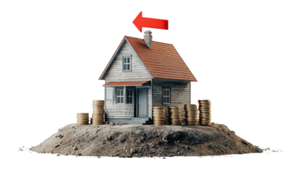 house with chimney surrounded by stacks of coins, symbolizing investment and wealth. red arrow points upward, indicating growth and prosperity