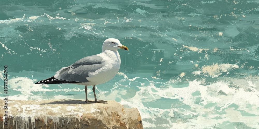 Aufkleber a seagull is positioned in front of the ocean, which appears dirty. it's a summer day.