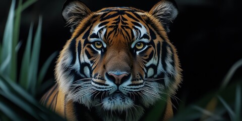 Fototapeta premium A magnificent tiger peers through lush greenery, showcasing its striking coat and intense gaze while resting in its natural habitat during the warm afternoon sunshine