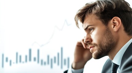 Focused businessman pondering over chart, pondering key market ideas for future strategies, copy space