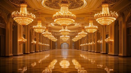 Obraz premium A grand hall adorned with multiple chandeliers, reflecting elegance and luxury.