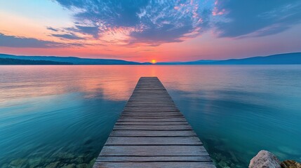 Obraz premium Sunrise over the Lake with a Wooden Dock