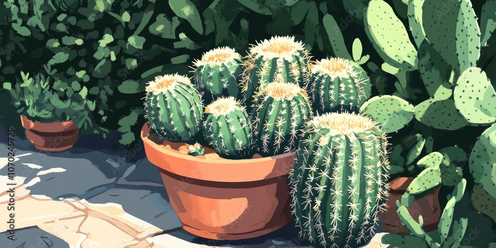 Poster cactus in a pot within a cactus garden.