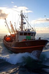 Fototapeta premium Commercial Fishing Vessel at Sunset, Ocean Fishing Industry, Seafood Harvesting on the High Seas.