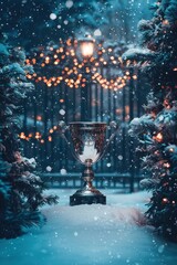 winning cup on winter background. selective focus