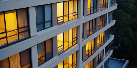 Exterior view of city building with many floors and yellow night lights in windows. Square block house architecture, typical high-rise building in a bedroom community