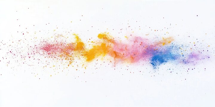 Abstract powder scattered on a white background, capturing the freeze motion of color powder bursting or being thrown, creating a multicolored glitter texture.