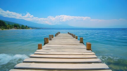 Fototapeta premium Wooden Pier Reaching into the Turquoise Sea
