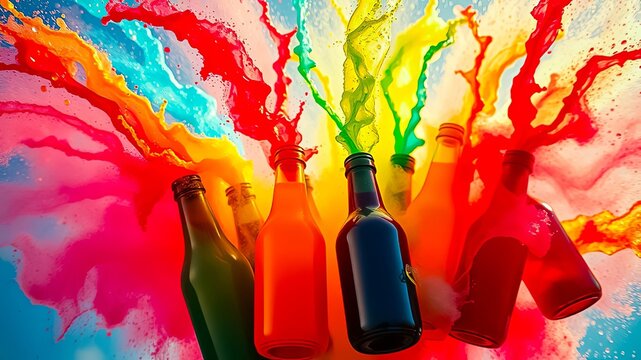 A colorful explosion of vibrant liquids erupts from a group of glass bottles against a blue sky background. The dynamic splashes create a surreal and abstract composition.