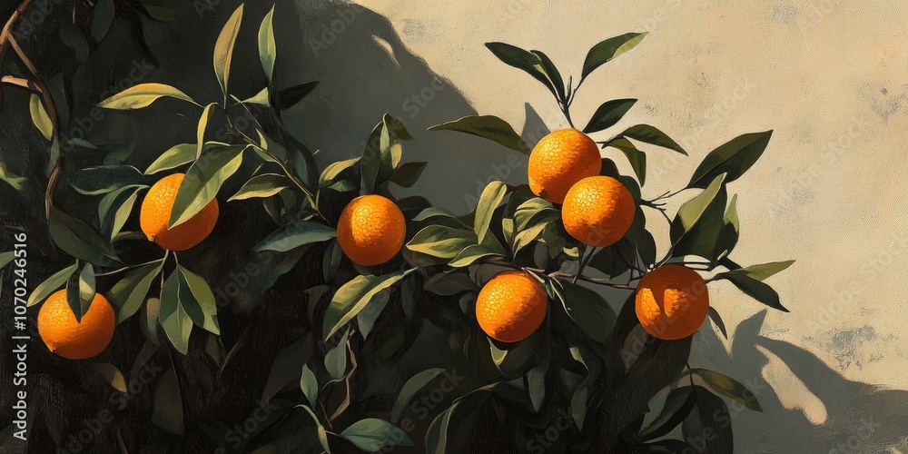 Poster artificial oranges on a citrus tree