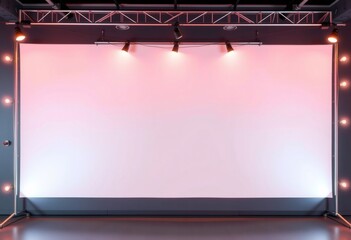Empty presentation screen with spotlights in a dark studio.