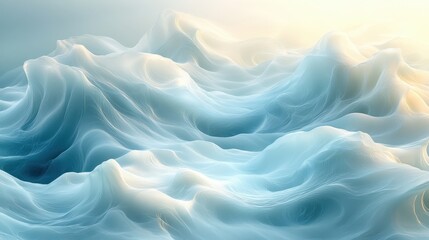 Obraz premium Serene coastal scene, soft cream and pastel blue waves gently lapping, evoking tranquility and calmness in a soothing atmosphere