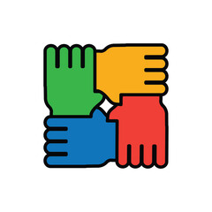This is a flat logo design of four hands of different colors holding together symbolizing unity in diversity