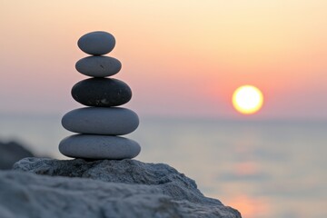 Stones standing on top of each other against the backdrop of a sunset on the seashore