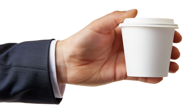 A hand in a suit holding a white disposable coffee cup isolated on white and transparent background, cut out png