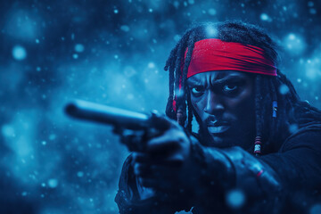 Naklejka premium Stormy Seas Pirate with Dreadlocks and Red Bandana Aiming Musket Into Distance, Dark Clouds and Rain