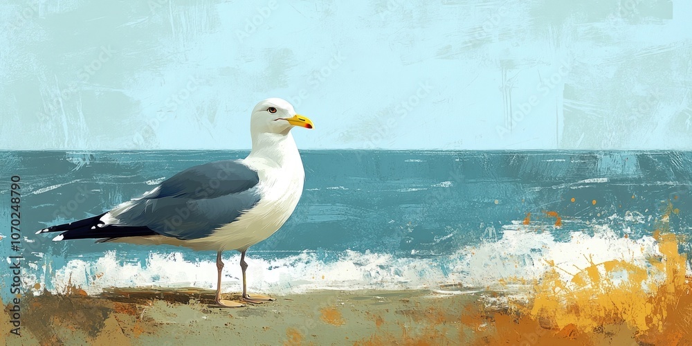 Aufkleber a seagull is positioned in front of the ocean, which appears dirty. it's a summer day.