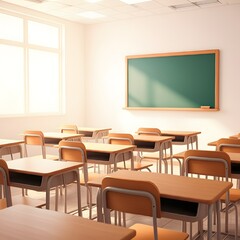 Empty classroom interior with rows of desks and chairs facing a large chalkboard, captured in hyper-realistic 4K HDR detail, set against a solid white background for a clean, minimalistic effect. Keyw