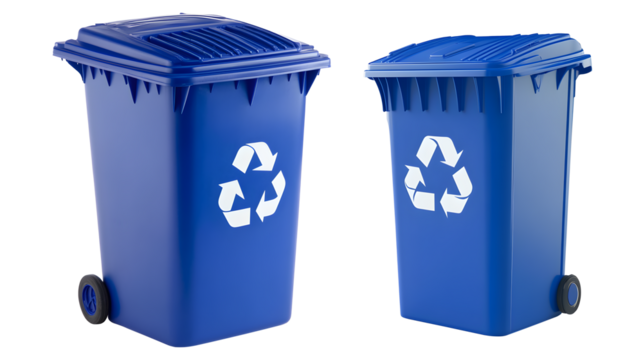 Set of blue recycled trash cans isolated on transparent background.