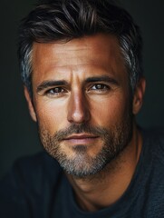 Fototapeta premium attractive man in his thirties. He has short brown hair but slightly gray around his temples. dark brown eyes. 