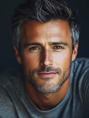 Obraz premium attractive man in his thirties. He has short brown hair but slightly gray around his temples. dark brown eyes. 