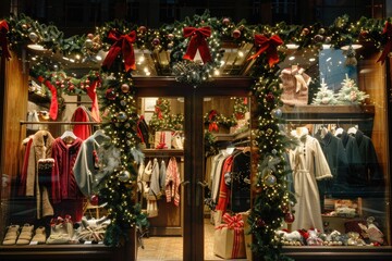 Festive clothing store display with Christmas wreaths, lights, and seasonal apparel
