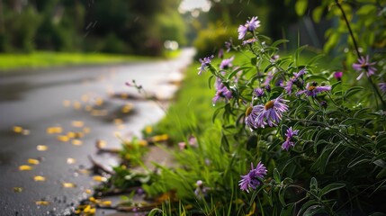Obraz premium Vibrant purple flowers bloom along a rainy road, surrounded by lush greenery and scattered leaves on a tranquil afternoon in a suburban area