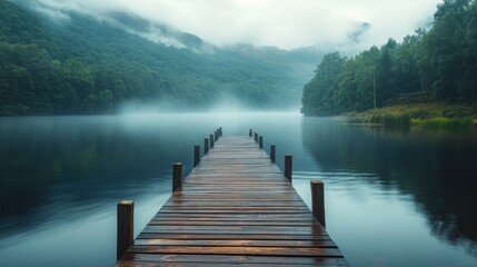 Fototapeta premium Misty Lake with Wooden Dock