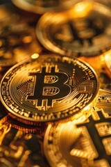 Golden Bitcoin coins on a blurred background