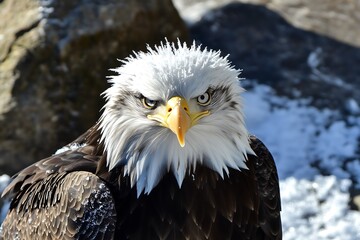  Close-up of bald eagle with snow on its head
