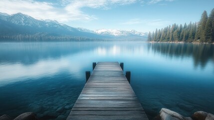 Fototapeta premium Tranquil Mountain Lake with Wooden Dock