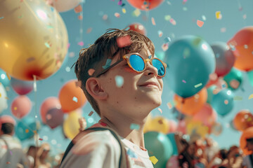 Young woman man child people pet enjoying the festival of hot air balloons, capturing selfie colorful balloons in the sky